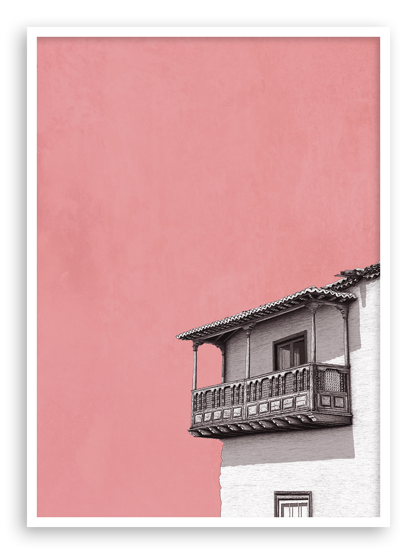 Lámina Balcón Rosa marco blanco