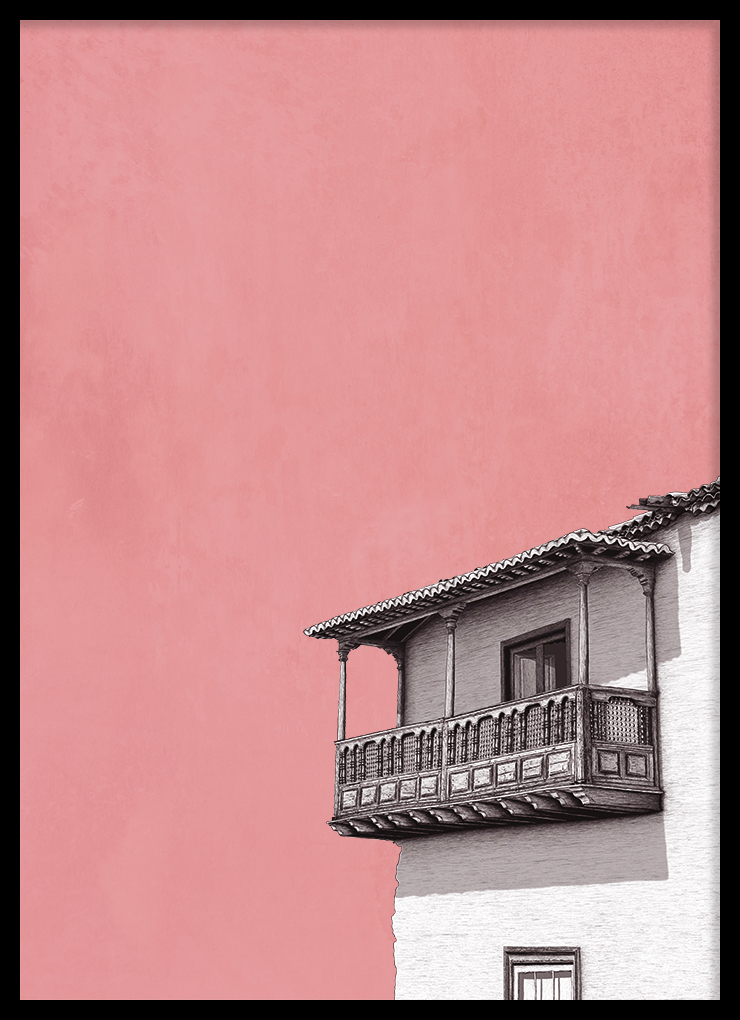Lámina Balcón Rosa marco negro